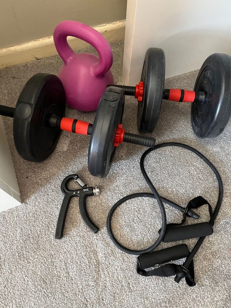 Home Gym Equipment Set: Dumbbells, Kettlebell, Resistance Band, Hand Grip