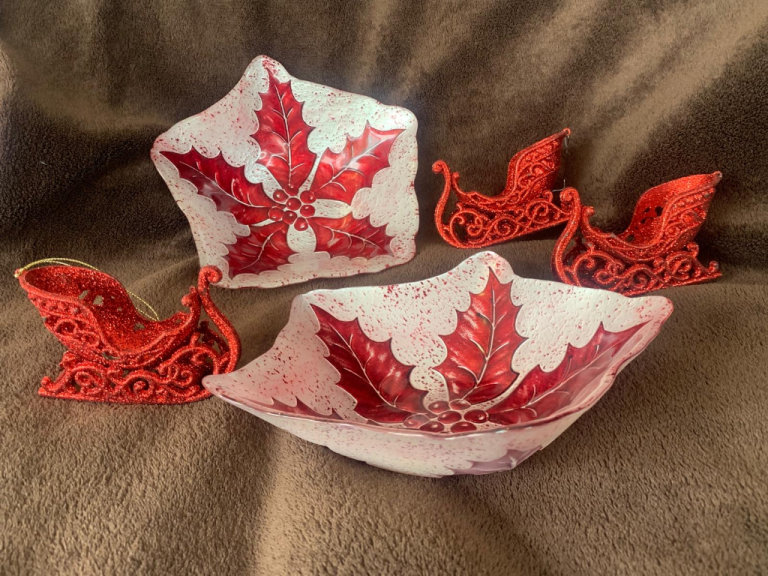 2 Glass Christmas dishes & 3  Red sleigh tree ornaments