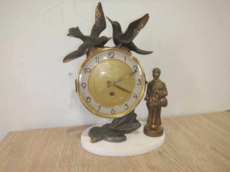 Superb Art Deco Silvoz of Paris Mantel Clock on Marble Base with Ormolu Birds & Clown