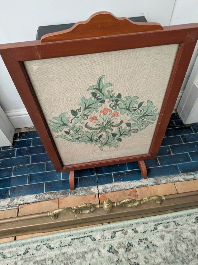 Vintage framed embroidered floral tapestry screen 