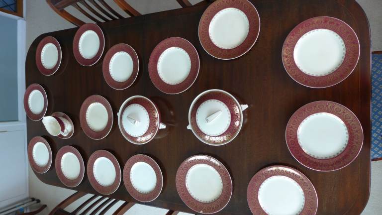 Vintage 1950s Wedgwood China part dinner service  -  white with red and gold decoration