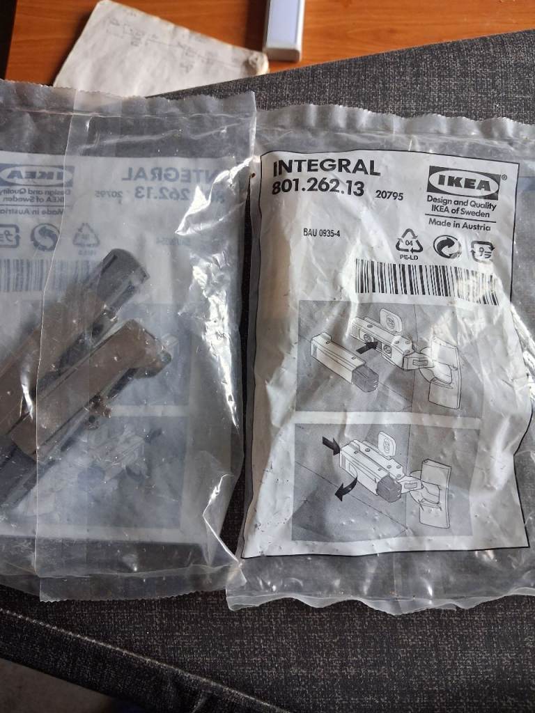 Kitchen cupboard hinges, cushion door closing and handles