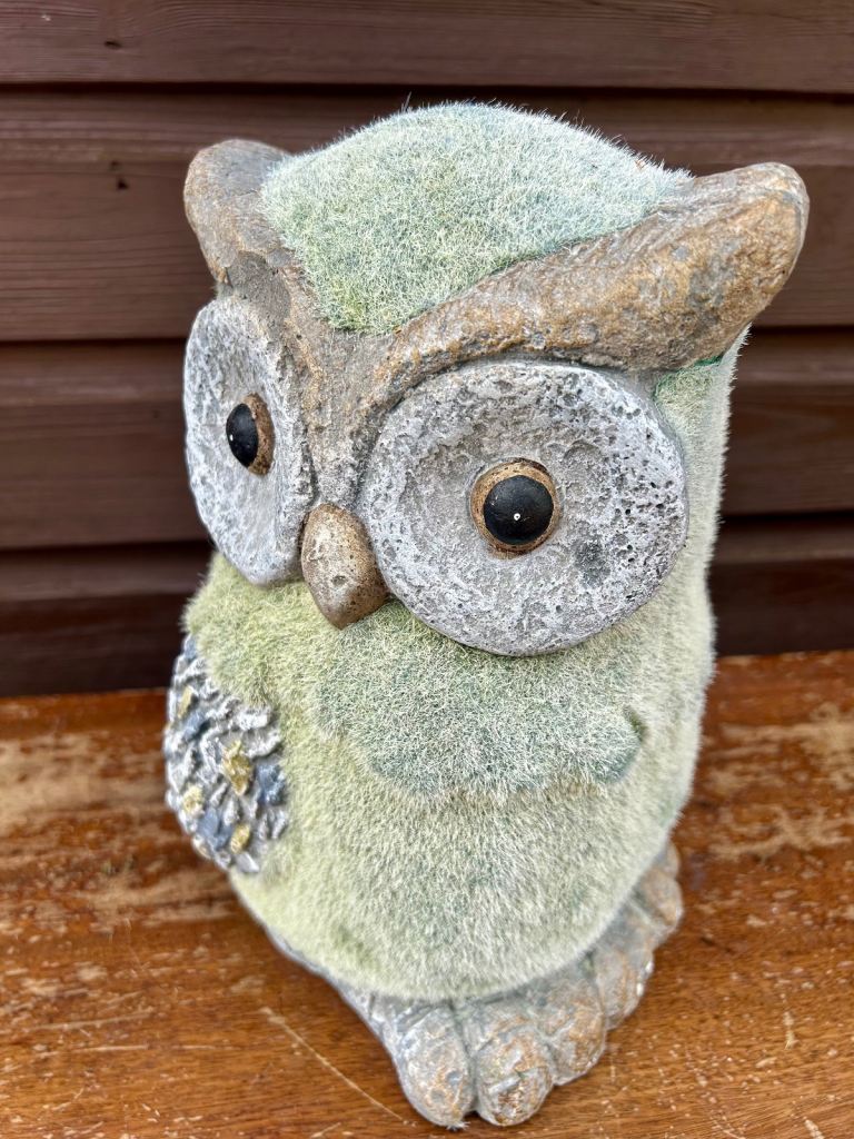Whimsical Moss-Covered Owl Garden Ornament