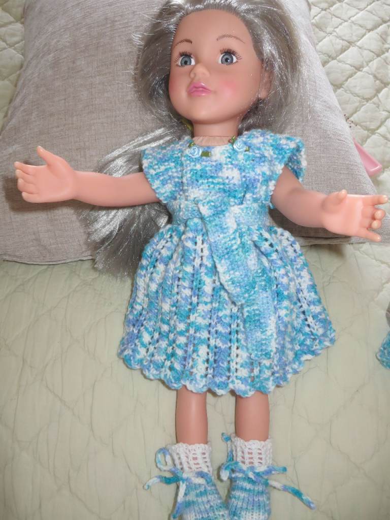 Lovely Doll with Handmade Blue Knitted Dress Bootees Design a Friend doll with silver hair