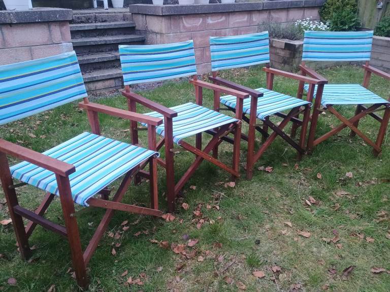 2 x Folding Wooden Canvas Directors Garden Deck Chairs Retro Vintage Striped Beach Camper Campervan 