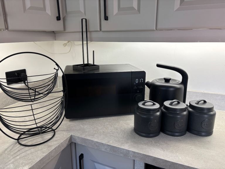 Black Microwave, Kettle & Kitchen Canisters Set