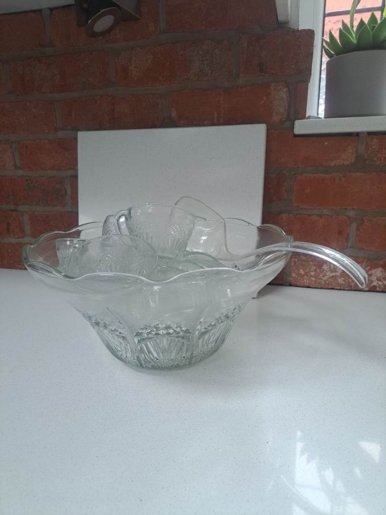 Vintage Glass Punch Bowl Set with Cups and Ladle