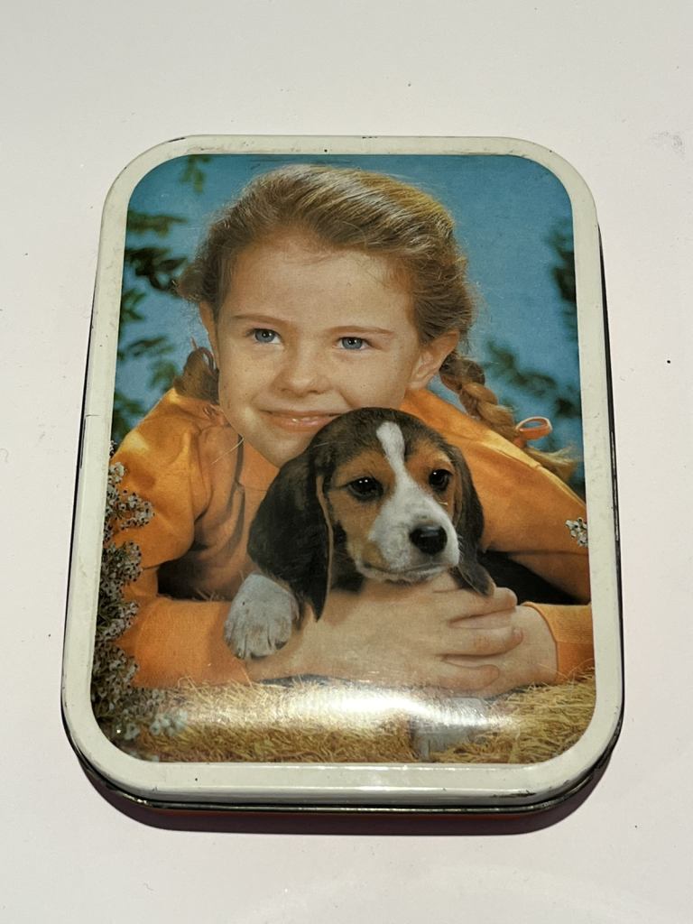 Vintage BLUE BIRD confectionery tin. Girl with puppy