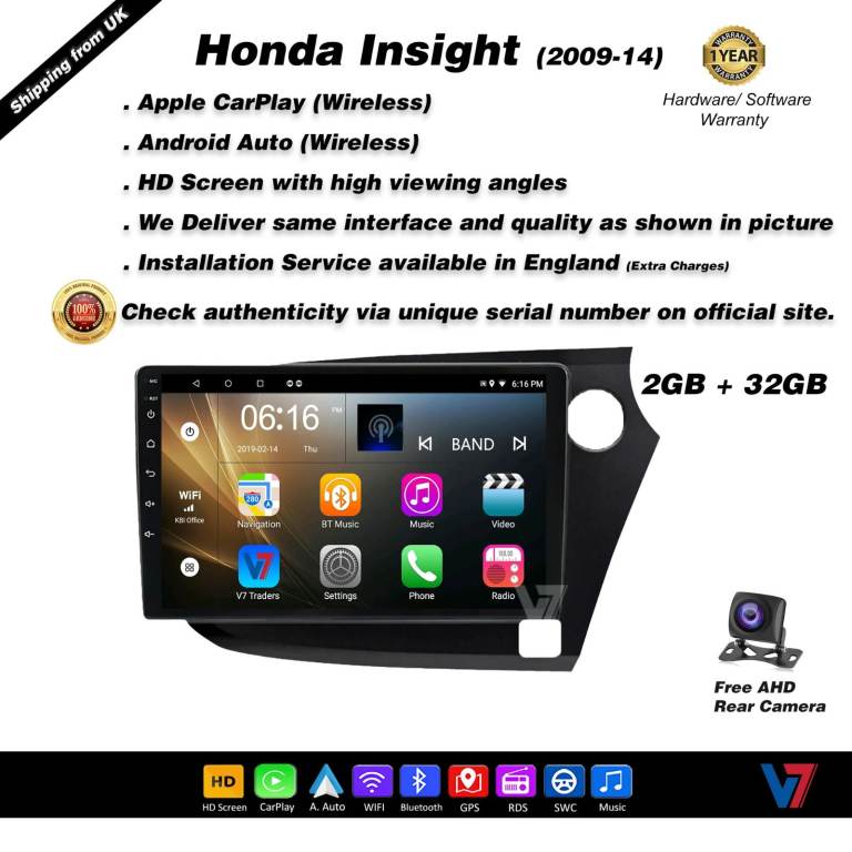 Honda Insight 2009-14 CARPLAY Android Auto HD Screen Head Unit GPS Stereo LCD Panel V7