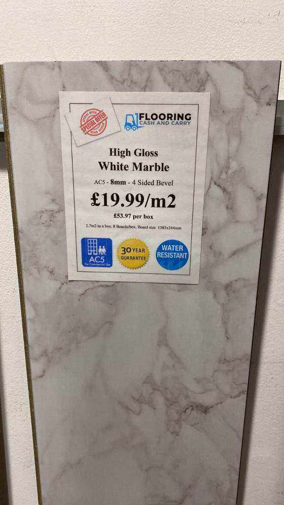 High Gloss White Marble Effect 8mm Laminate Flooring