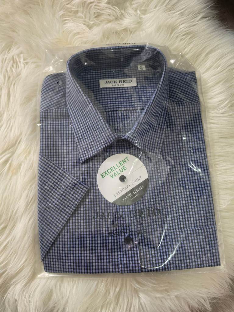 Jack Reid Blue Check Short Sleeve EasyCare Size L - XL