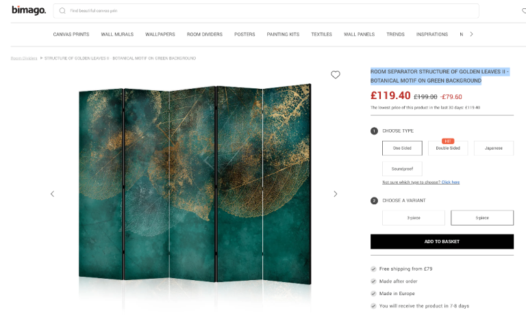 Bimago Premium Room Divider / Screen – Golden Leaves & Green Botanical Motif ( New never used )