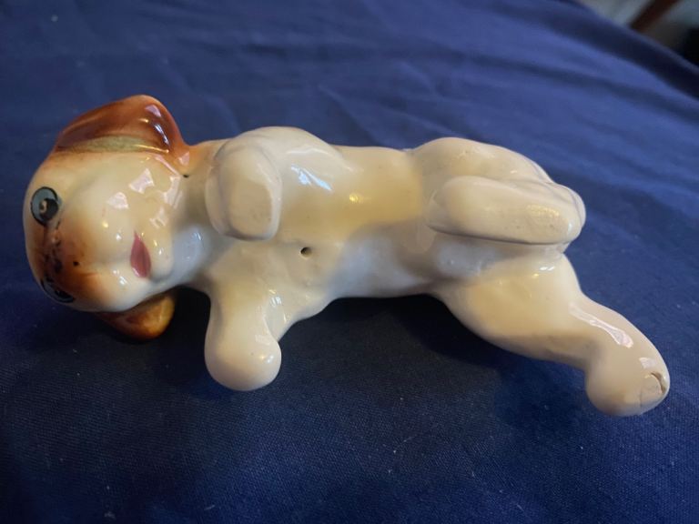 Cute Ceramic Puppy Figurine – White and Brown, Good Condition