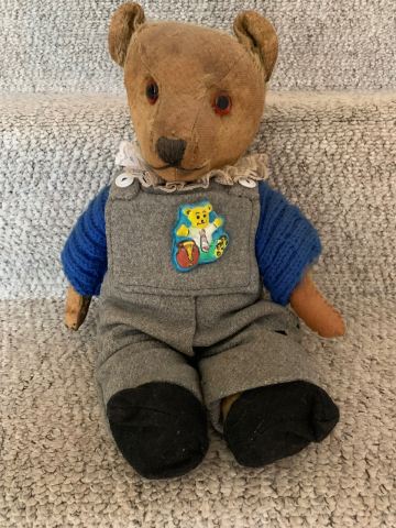 Vintage Teddy Bear with Overalls – Well-Loved Condition | in