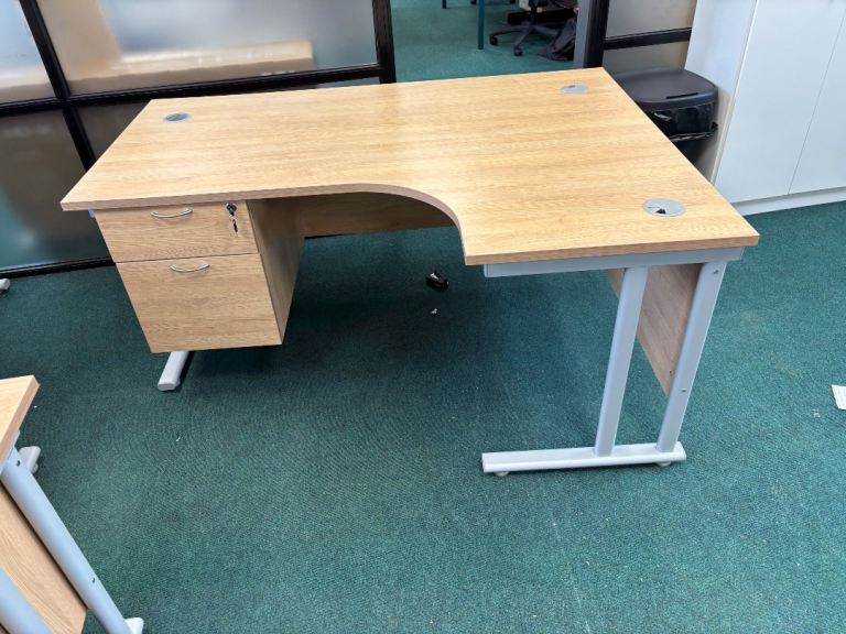 Light Wood Corner Office Desk with Drawers – 10 available 