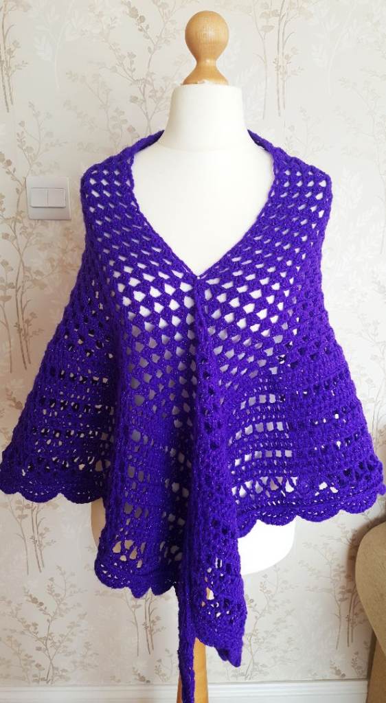 Granny Square Purple Shawl. Handmade Crochet Shoulder Wrap. Oversized Knitted Chunky Scarf