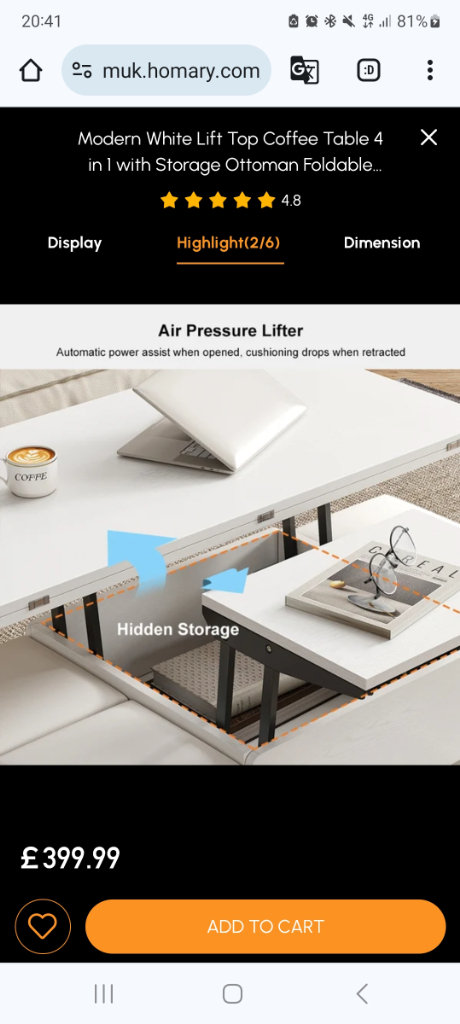 Modern White Lift Top Coffee Table 4 in 1 with Storage Ottoman Foldable and Casters