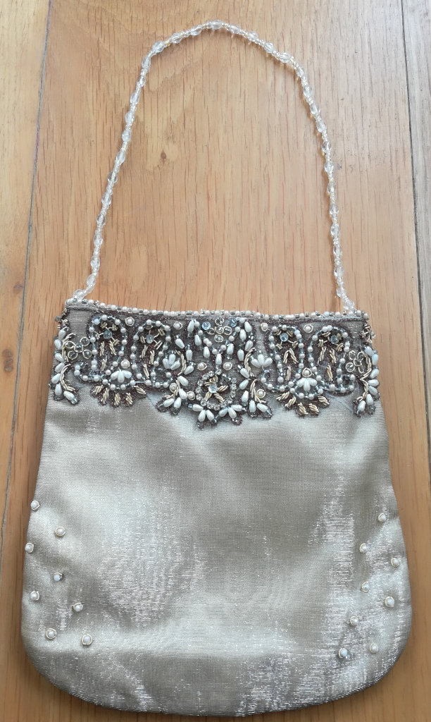 ACCESSORISE HANDBAG CLUTCH BAG PURSE Organza Gold Satin Diamante Bead Pearl Vintage Style WEDDING