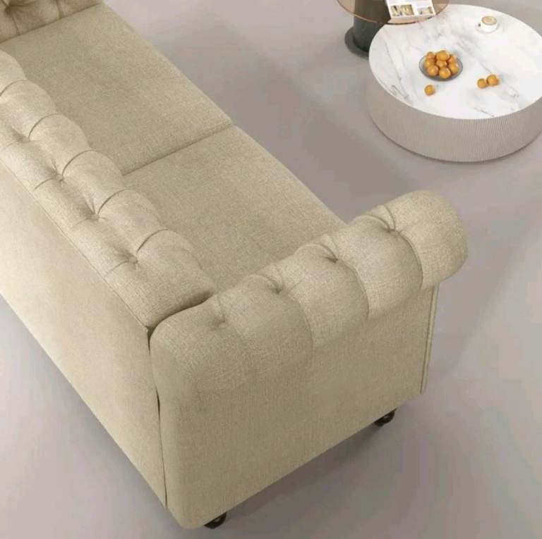 New 2 Seater Chesterfield Style Button Back Sofa Linen Fabric Large Couch Beige 