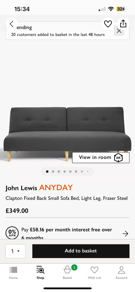 John Lewis Clapton Fixed Back Small Sofa Bed. Light leg, Fraser Steel Fabric