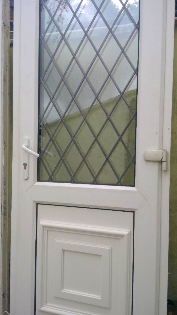 White UPVC Front Door with Decorative Leaded Glass Panel