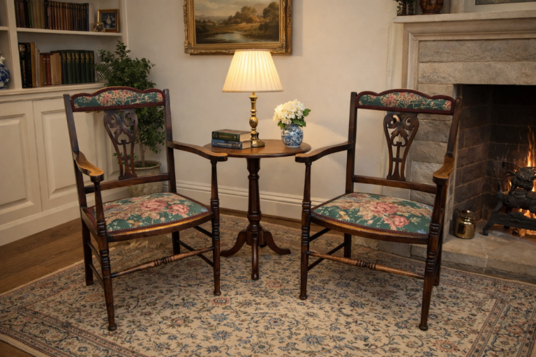Pair of Vintage Mahogany Carver Armchairs with Floral Tapestry Seats