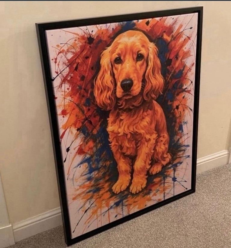 Large Framed Cocker Spaniel Canvas – Vibrant Paint Splatter Style – NEW