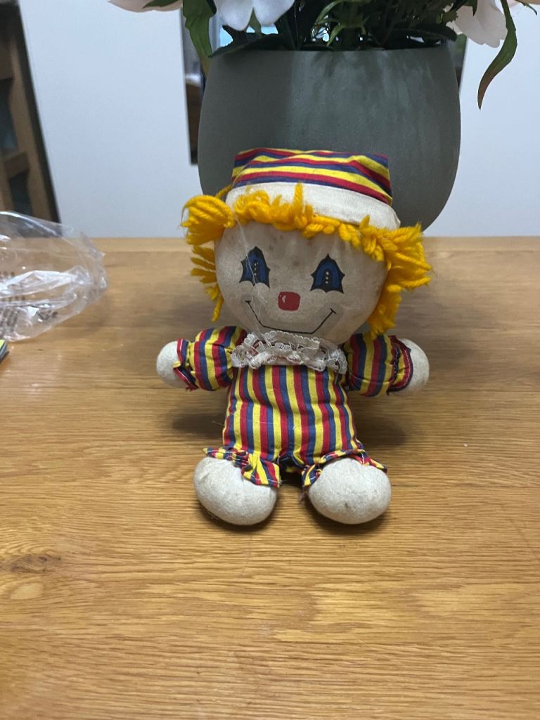 Vintage Striped Clown Soft Toy – Good Condition