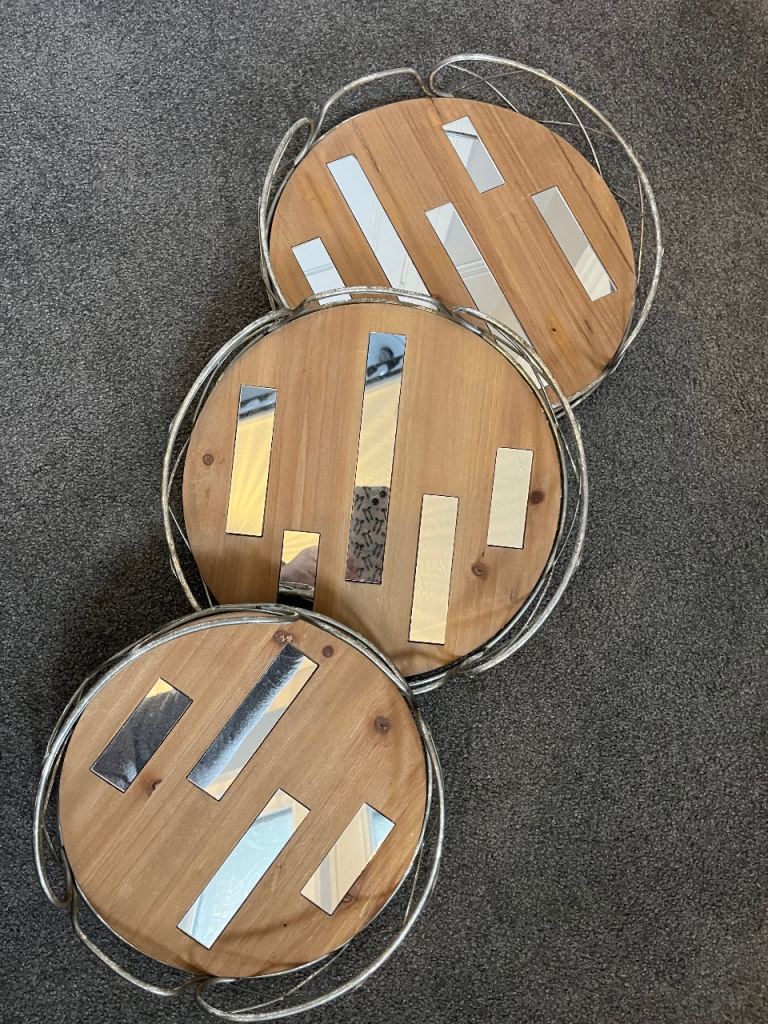 Set of 3 Round Decorative Trays – Metal and Wood