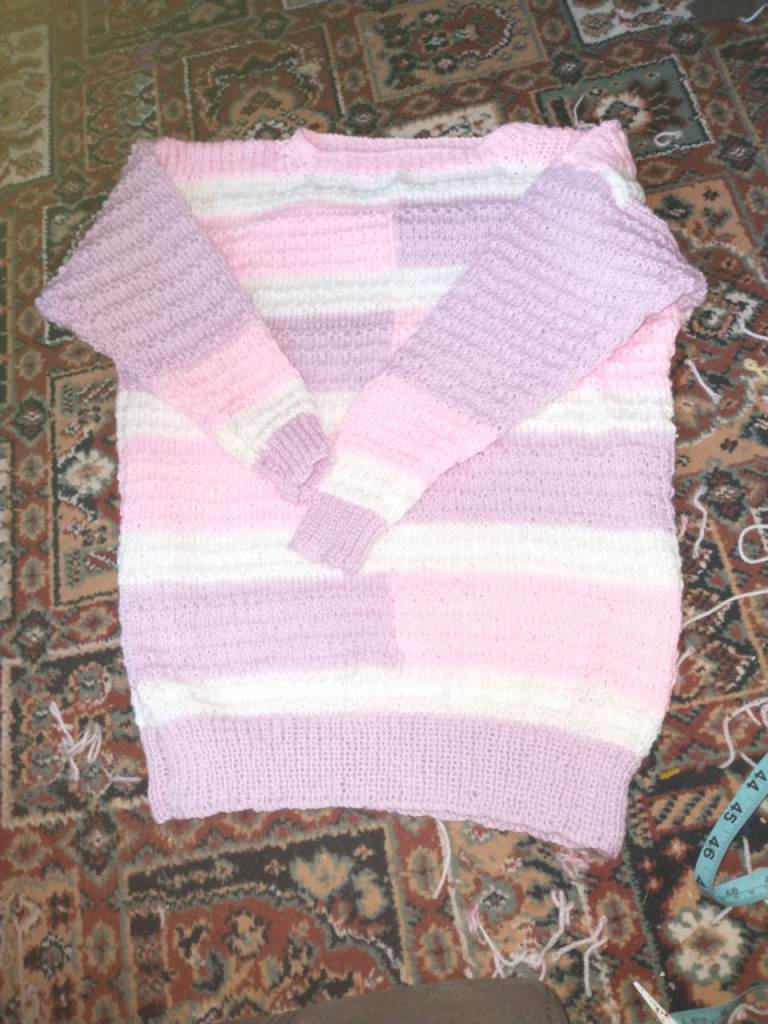 Hand-knitted Pink and White Striped Jumper – Good Condition