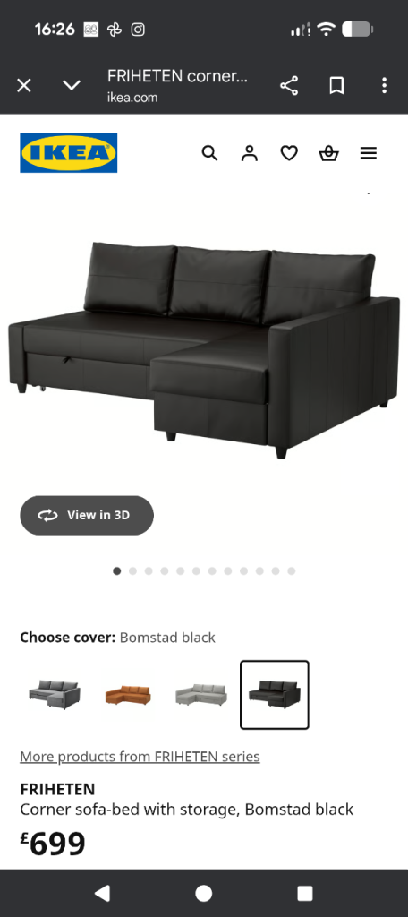 IKEA black leather sofa bed / sofabed Friheten 