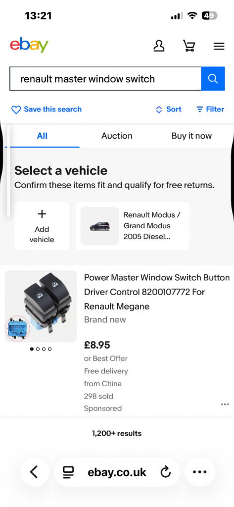 Master switch for Renault Modus 2 front windows