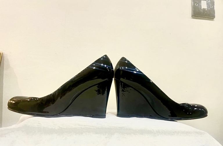 Russell & Bromley black patent leather wedges 