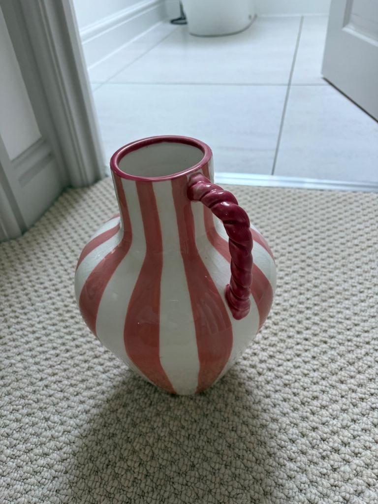 M&S Pink and White Striped Ceramic Jug Vase