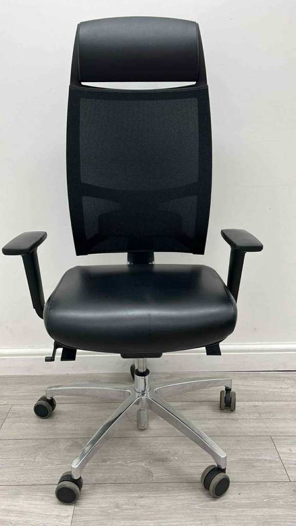 Sitland Executive Operator Chair, Adjustable, Headrest, Lumbar Support, Black Leather