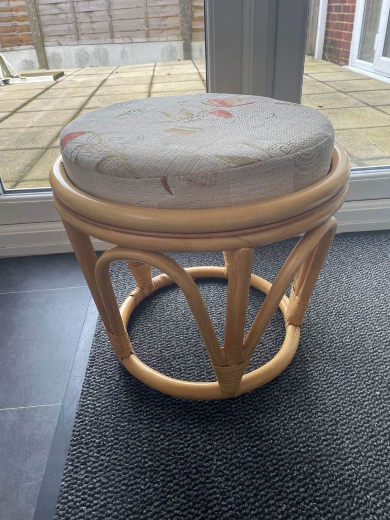 Bamboo Cane Low Stool / Foot Rest with Cushion Top. Conservatory / Lounge Furniture