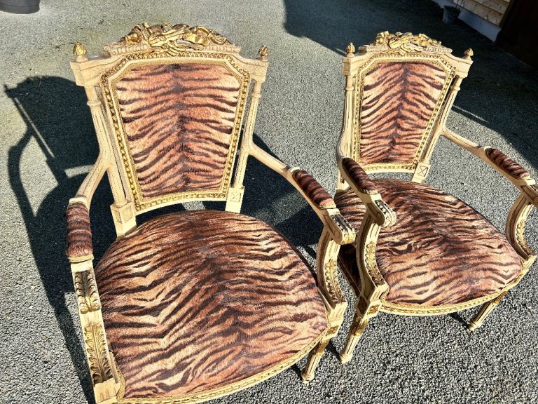 2 very regal chairs with tiger upholstery 