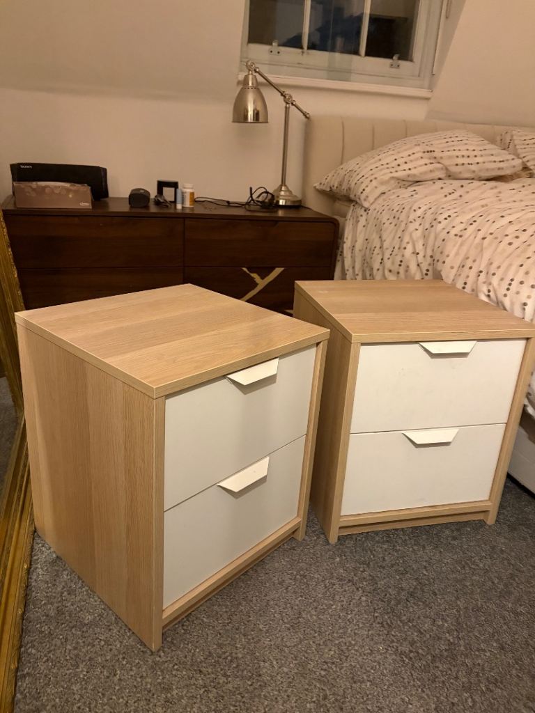 2 x Bedside Tables (pair) with Drawers – White and Wood