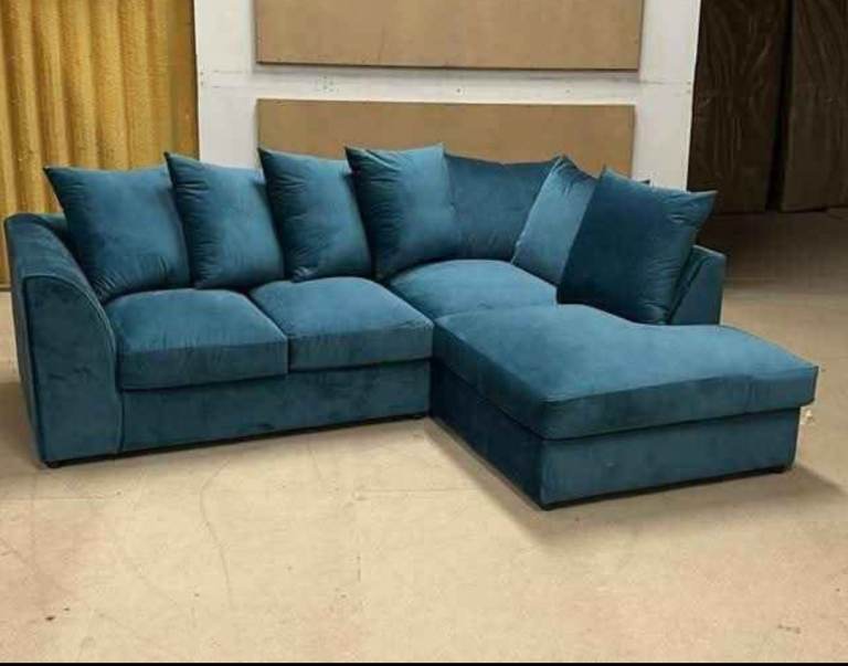 New Dylan Plush Velvet Blue Corner Sofas & 3+2 Seater Couch – Ready to Order - Next Day Delivery
