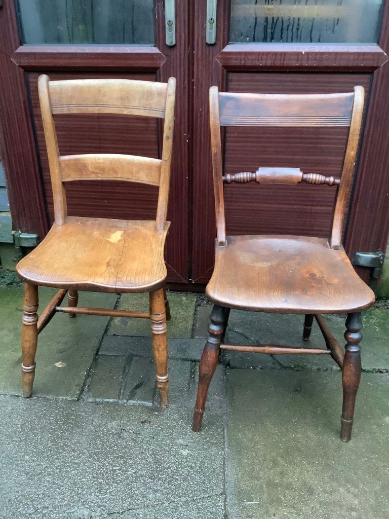 Two elm farmhouse kitchen dining room chairs with spindle turned supports 