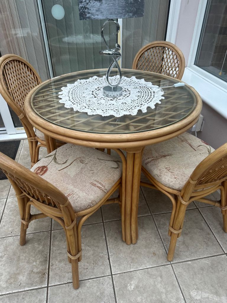 Wicker glass dining table, 4 chairs 