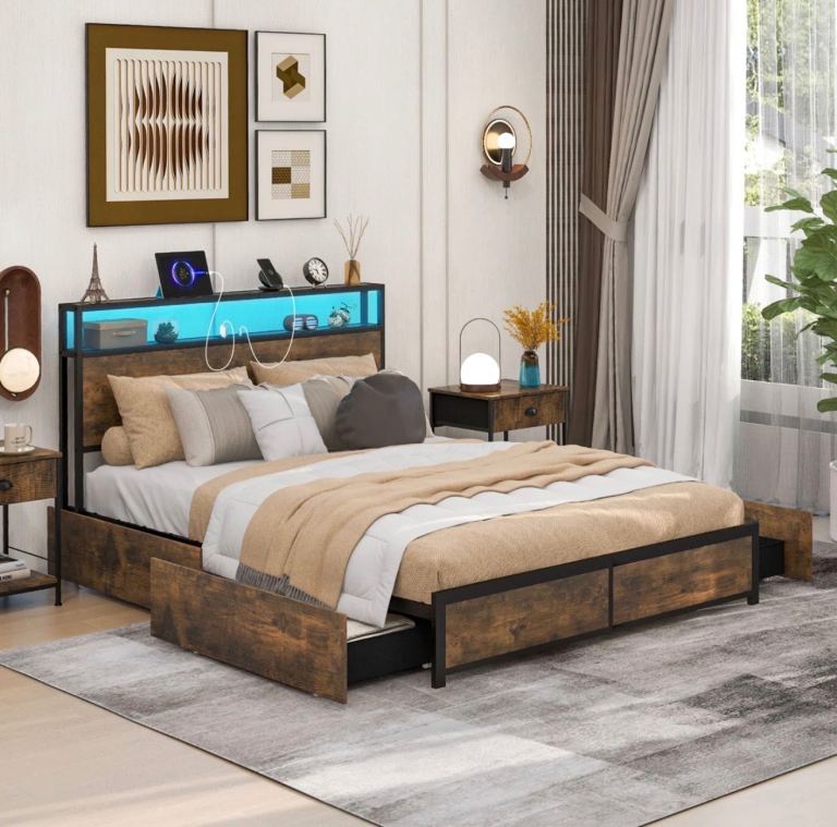 King Size Bed Metal Frame, LED & Drawers Charging Station