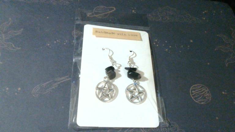 silver plated black obsidian pentagram earrings 