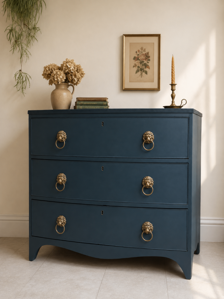 Vintage hand painted bow fronted chest of drawers with original lion head brass pulls 
