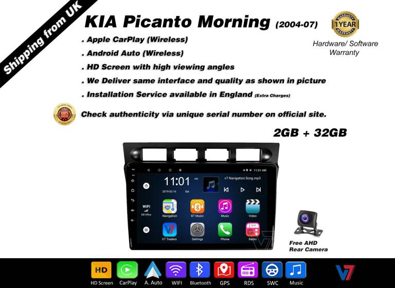 KIA PICANTO Morning 2004-07 CARPLAY Android Auto HD Screen Head Unit GPS Stereo LCD Panel V7