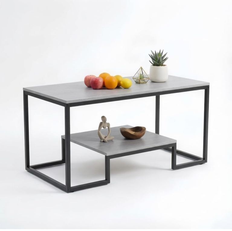 Alivio 2-Tier Modern Industrial Coffee Table with Metal Frame & Wooden Top – Dual Storage
