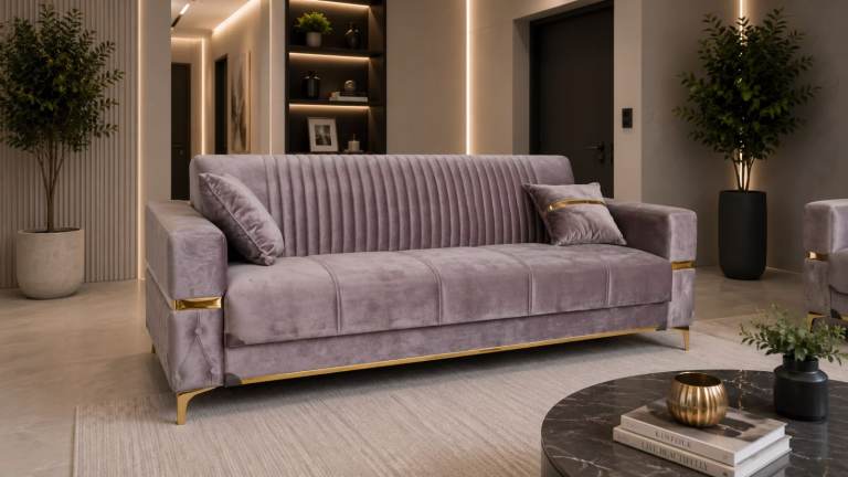 New Plush Velvet Sofa Bed - Lilac/Purple with Gold Trim