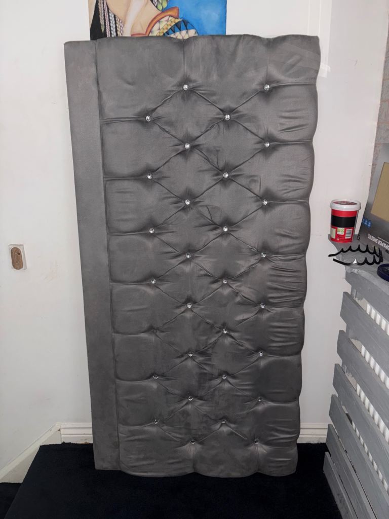 Grey Velvet Tufted Headboard with Crystal Buttons – Good Condition