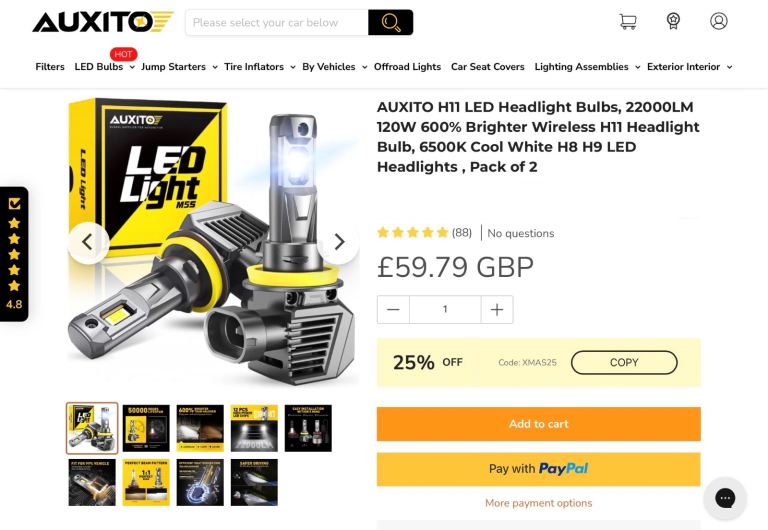 Auxito H11 and HB3 Led dipped headlight bulbs 6500k white 22000LM 