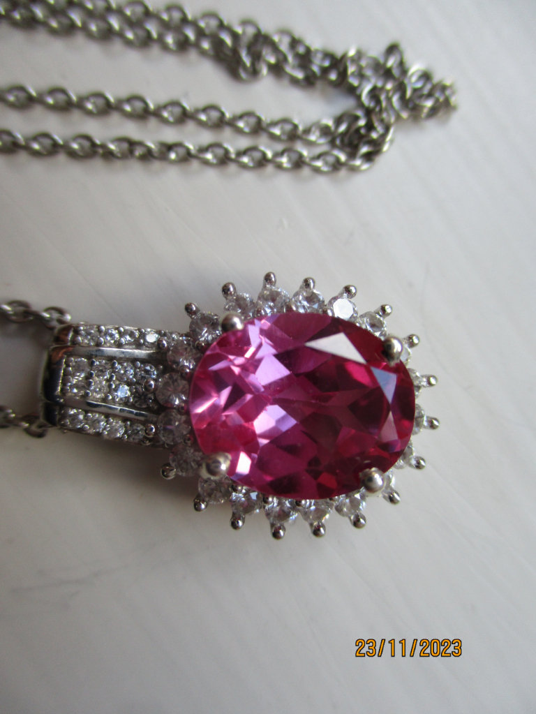 Lab created pink sapphire and natural Zircon Halo pendant and 20 inch chain